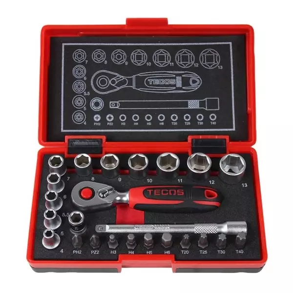 TECOS T-0623M Mini hylsysarja 1/4", 24-osaa - Hylsy- ja työkalusarjat - 126472 - 1