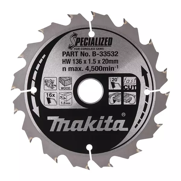 MAKITA B-33532 Pyörösahanterä HM 136 mm Z-16 - Pyörösahanterät - 106545 - 1